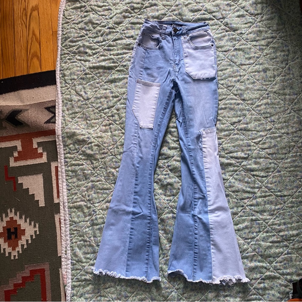 Redfox jeans red fox New York blue denim patchwork flare bellbottom 90s  1
